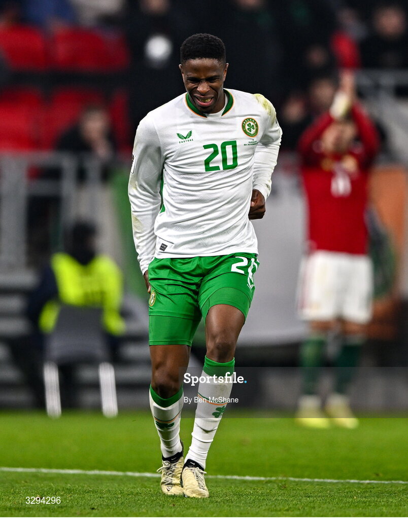 16 November 2025; Chiedozie Ogbene of Republic of Ireland reacts after picking up an injury during the FIFA World Cup 2026 Group F Qualifier match between Hungary and Republic of Ireland at Puskás Aréna in Budapest, Hungary. Photo by Ben McShane/Sportsfile