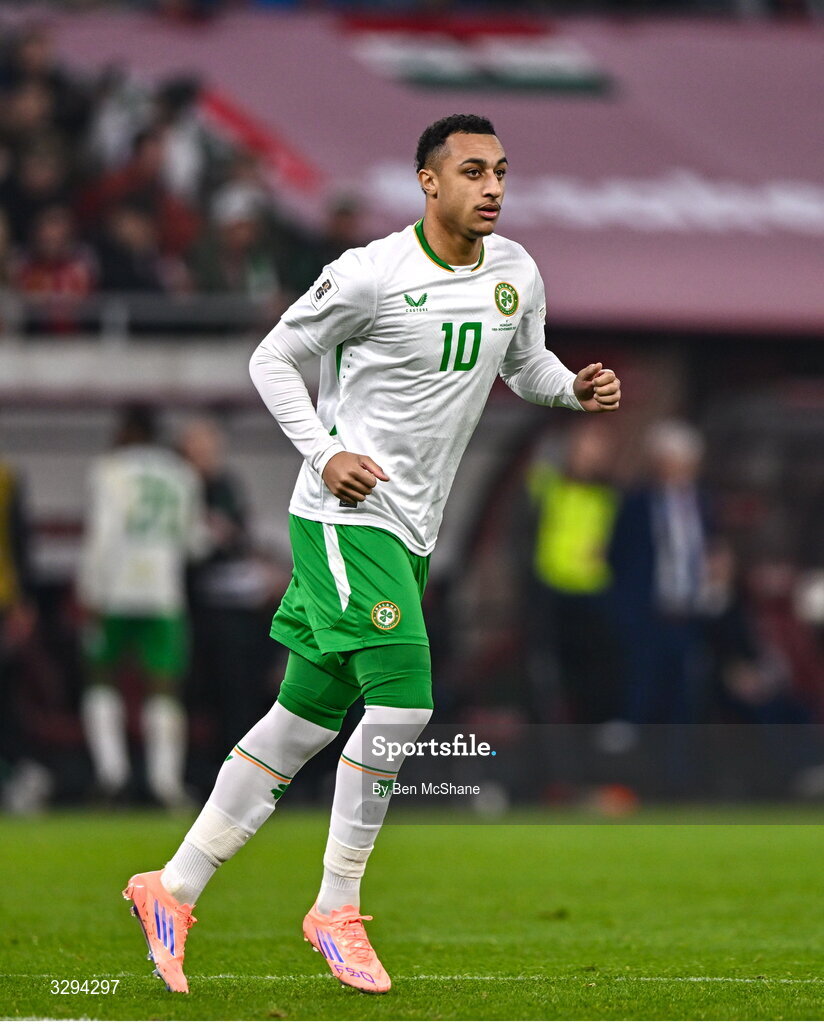 16 November 2025; Adam Idah of Republic of Ireland during the FIFA World Cup 2026 Group F Qualifier match between Hungary and Republic of Ireland at Puskás Aréna in Budapest, Hungary. Photo by Ben McShane/Sportsfile