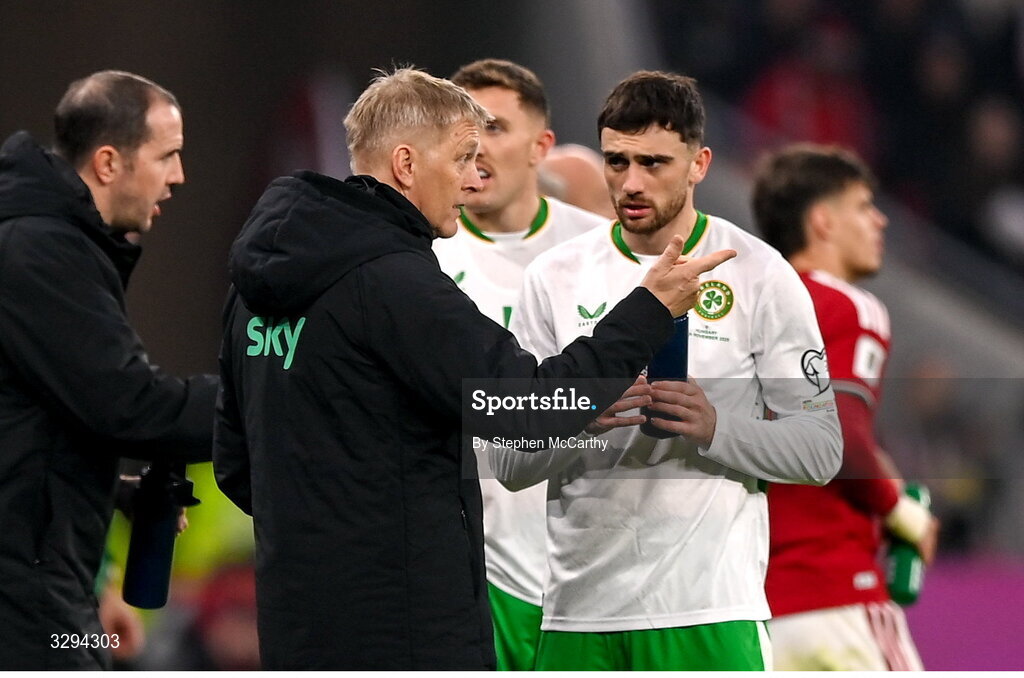 16 November 2025; Republic of Ireland head coach Heimir Hallgrimsson and Troy Parrott of Republic of Ireland during the FIFA World Cup 2026 Group F Qualifier match between Hungary and Republic of Ireland at Puskás Aréna in Budapest, Hungary. Photo by Stephen McCarthy/Sportsfile