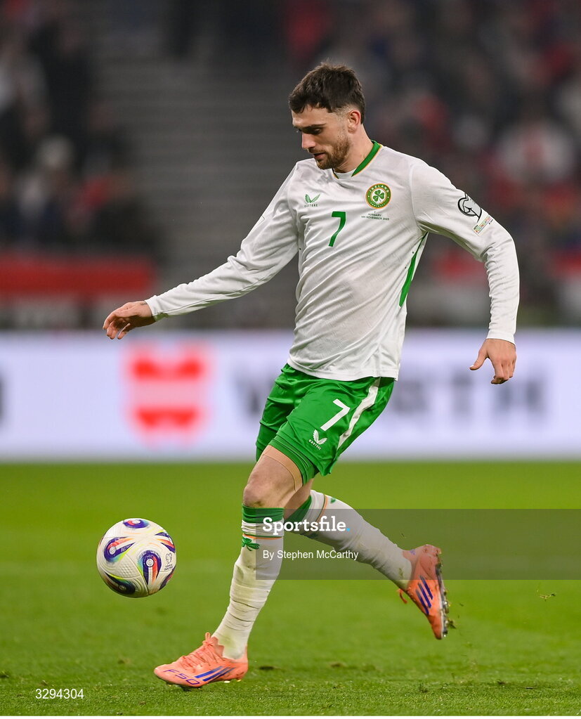 16 November 2025; Troy Parrott of Republic of Ireland during the FIFA World Cup 2026 Group F Qualifier match between Hungary and Republic of Ireland at Puskás Aréna in Budapest, Hungary. Photo by Stephen McCarthy/Sportsfile