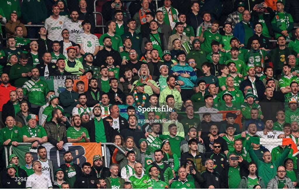 16 November 2025; Republic of Ireland supporters during the FIFA World Cup 2026 Group F Qualifier match between Hungary and Republic of Ireland at Puskás Aréna in Budapest, Hungary. Photo by Stephen McCarthy/Sportsfile
