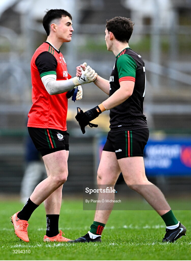 16 November 2025; St Brigid's players Conor Carroll, left, and Eoghan Derwin after their side's victory in the AIB Connacht GAA Football Senior Club Championship semi-final match between St Brigid's and Ballina Stephenites at King & Moffatt Dr Hyde Park in Roscommon. Photo by Piaras Ó Mídheach/Sportsfile