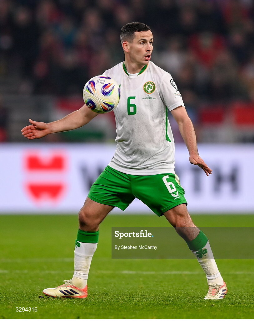16 November 2025; Josh Cullen of Republic of Ireland during the FIFA World Cup 2026 Group F Qualifier match between Hungary and Republic of Ireland at Puskás Aréna in Budapest, Hungary. Photo by Stephen McCarthy/Sportsfile