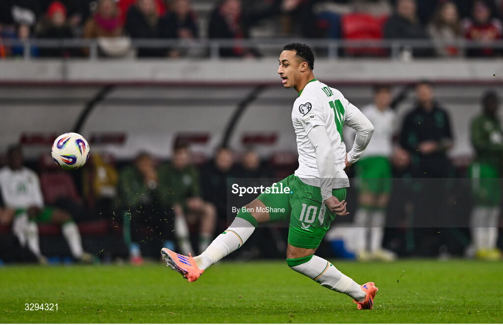 16 November 2025; Adam Idah of Republic of Ireland scores a goal, which was subsequently ruled offside, during the FIFA World Cup 2026 Group F Qualifier match between Hungary and Republic of Ireland at Puskás Aréna in Budapest, Hungary. Photo by Ben McShane/Sportsfile