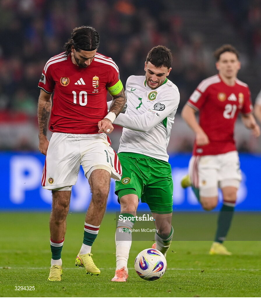 16 November 2025; Dominik Szoboszlai of Hungary in action against Troy Parrott of Republic of Ireland during the FIFA World Cup 2026 Group F Qualifier match between Hungary and Republic of Ireland at Puskás Aréna in Budapest, Hungary. Photo by Stephen McCarthy/Sportsfile