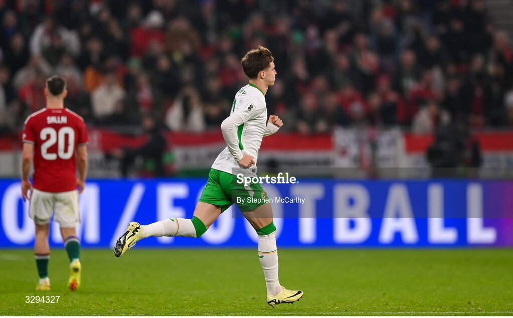 16 November 2025; Johnny Kenny of Republic of Ireland during the FIFA World Cup 2026 Group F Qualifier match between Hungary and Republic of Ireland at Puskás Aréna in Budapest, Hungary. Photo by Stephen McCarthy/Sportsfile