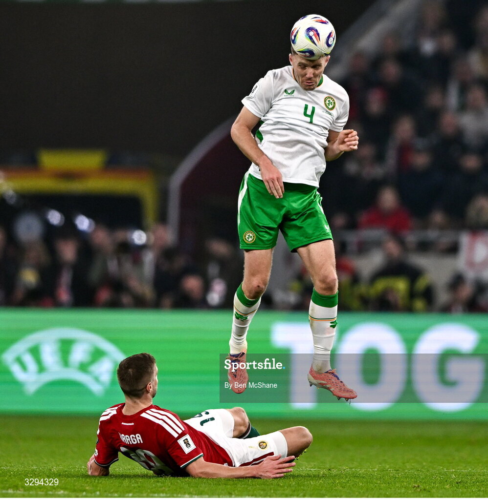 16 November 2025; Dara O'Shea of Republic of Ireland and Barnabás Varga of Hungary during the FIFA World Cup 2026 Group F Qualifier match between Hungary and Republic of Ireland at Puskás Aréna in Budapest, Hungary. Photo by Ben McShane/Sportsfile