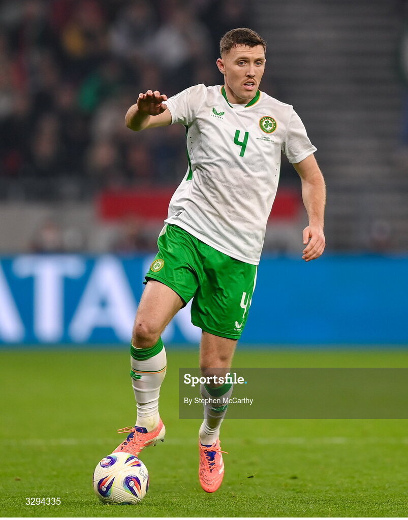 16 November 2025; Dara O'Shea of Republic of Ireland during the FIFA World Cup 2026 Group F Qualifier match between Hungary and Republic of Ireland at Puskás Aréna in Budapest, Hungary. Photo by Stephen McCarthy/Sportsfile
