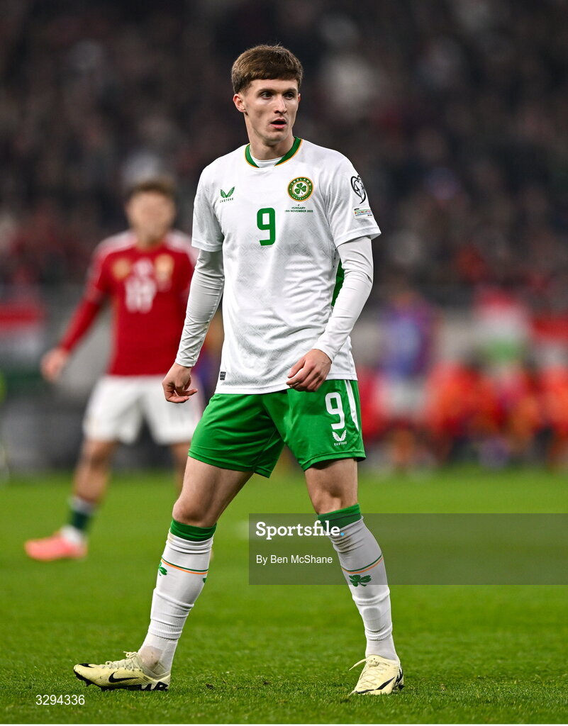 16 November 2025; Johnny Kenny of Republic of Ireland during the FIFA World Cup 2026 Group F Qualifier match between Hungary and Republic of Ireland at Puskás Aréna in Budapest, Hungary. Photo by Ben McShane/Sportsfile