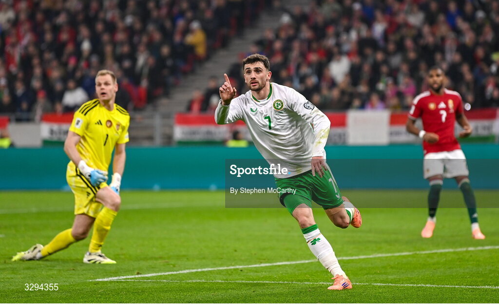 16 November 2025; Troy Parrott of Republic of Ireland celebrates after scoring his side's second goal during the FIFA World Cup 2026 Group F Qualifier match between Hungary and Republic of Ireland at Puskás Aréna in Budapest, Hungary. Photo by Stephen McCarthy/Sportsfile