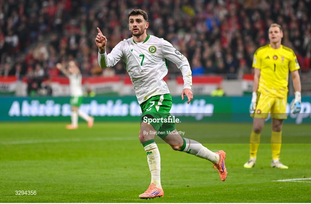 16 November 2025; Troy Parrott of Republic of Ireland celebrates after scoring his side's second goal during the FIFA World Cup 2026 Group F Qualifier match between Hungary and Republic of Ireland at Puskás Aréna in Budapest, Hungary. Photo by Stephen McCarthy/Sportsfile