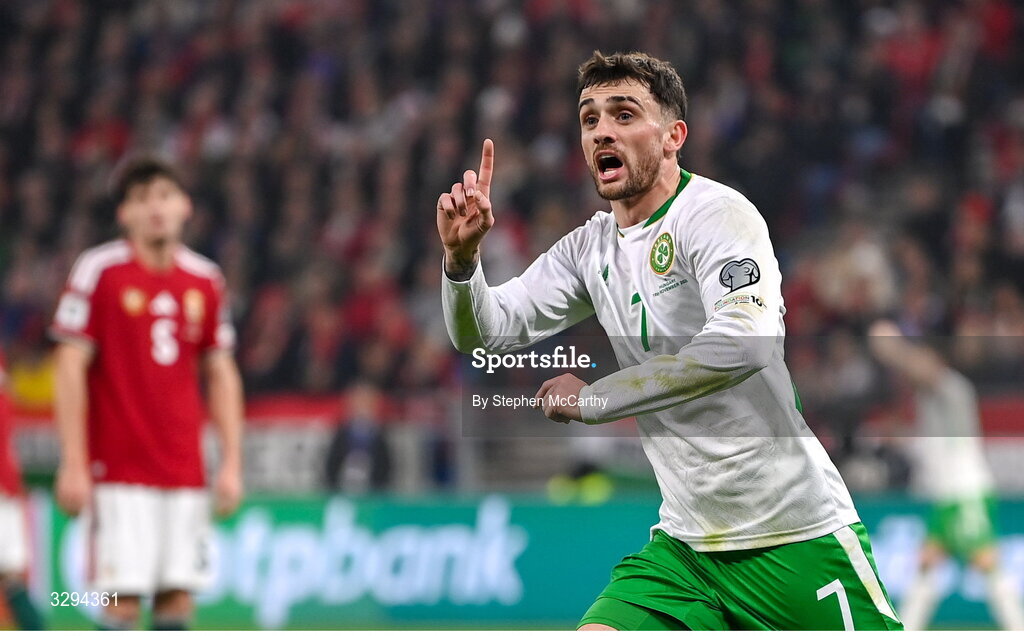 16 November 2025; Troy Parrott of Republic of Ireland celebrates after scoring his side's second goal during the FIFA World Cup 2026 Group F Qualifier match between Hungary and Republic of Ireland at Puskás Aréna in Budapest, Hungary. Photo by Stephen McCarthy/Sportsfile