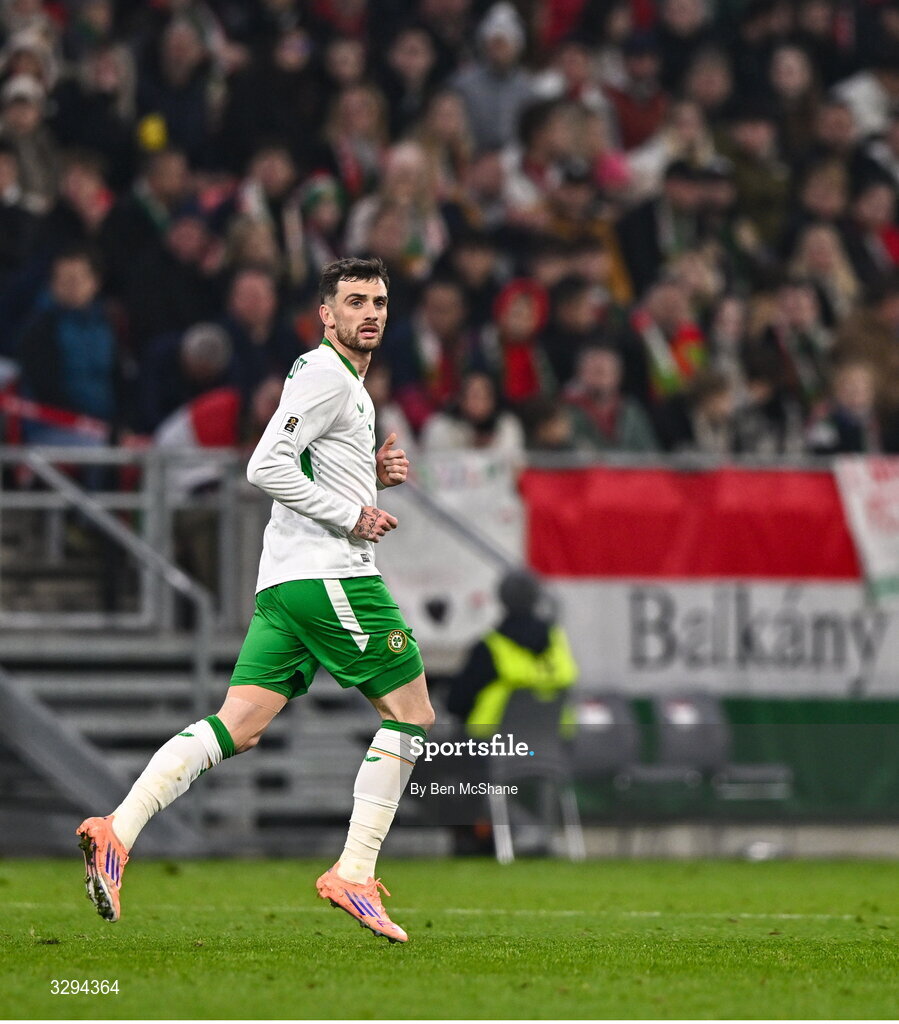 16 November 2025; Troy Parrott of Republic of Ireland after scoring his side's second goal during the FIFA World Cup 2026 Group F Qualifier match between Hungary and Republic of Ireland at Puskás Aréna in Budapest, Hungary. Photo by Ben McShane/Sportsfile