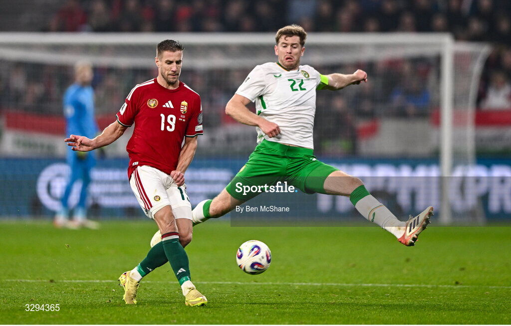 16 November 2025; Barnabás Varga of Hungary in action against Nathan Collins of Republic of Ireland during the FIFA World Cup 2026 Group F Qualifier match between Hungary and Republic of Ireland at Puskás Aréna in Budapest, Hungary. Photo by Ben McShane/Sportsfile