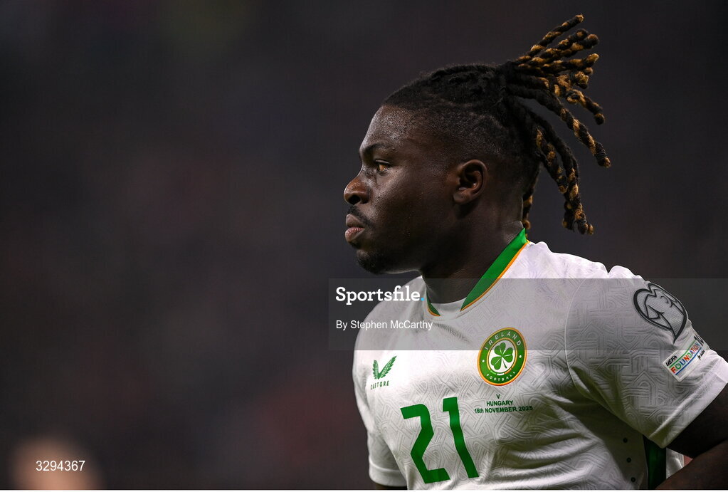 16 November 2025; Festy Ebosele of Republic of Ireland during the FIFA World Cup 2026 Group F Qualifier match between Hungary and Republic of Ireland at Puskás Aréna in Budapest, Hungary. Photo by Stephen McCarthy/Sportsfile