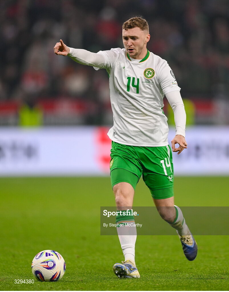 16 November 2025; Jack Taylor of Republic of Ireland during the FIFA World Cup 2026 Group F Qualifier match between Hungary and Republic of Ireland at Puskás Aréna in Budapest, Hungary. Photo by Stephen McCarthy/Sportsfile