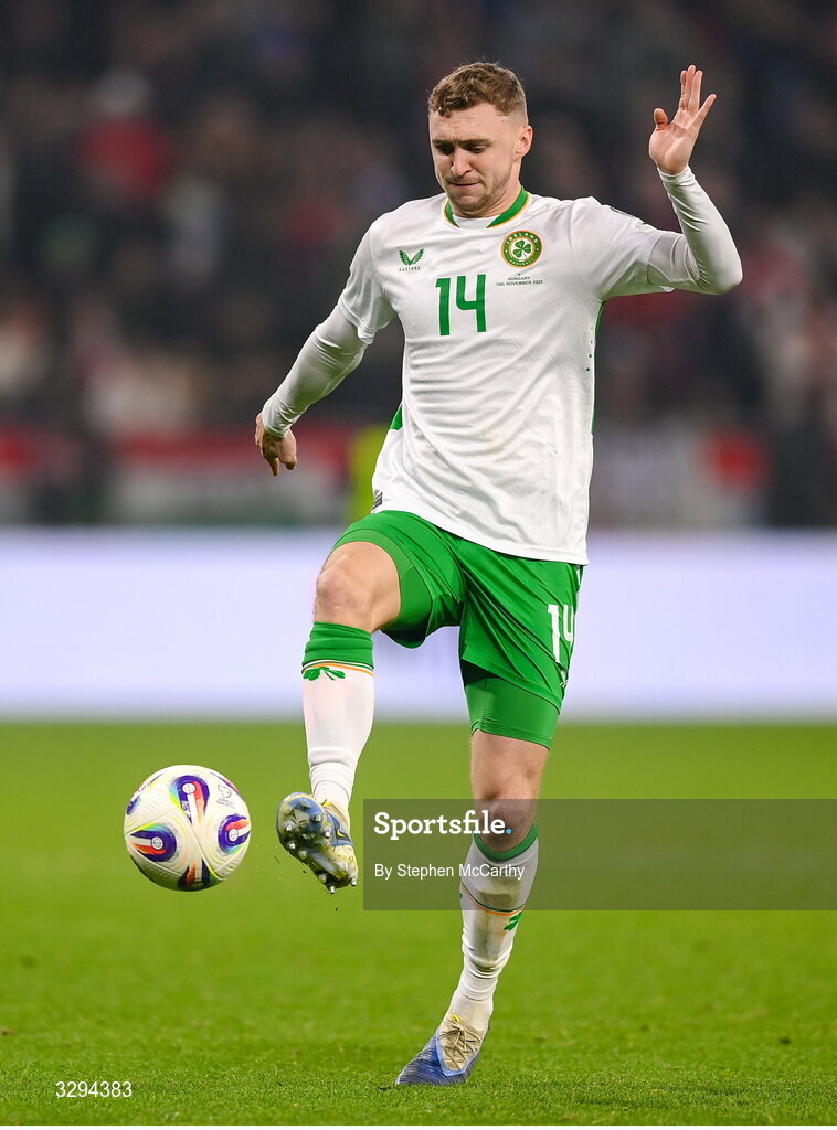16 November 2025; Jack Taylor of Republic of Ireland during the FIFA World Cup 2026 Group F Qualifier match between Hungary and Republic of Ireland at Puskás Aréna in Budapest, Hungary. Photo by Stephen McCarthy/Sportsfile