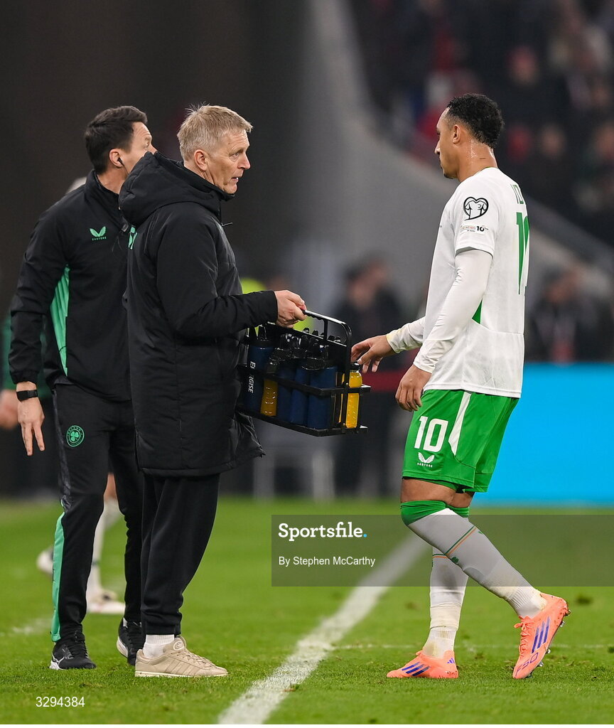 16 November 2025; Republic of Ireland head coach Heimir Hallgrimsson and Adam Idah of Republic of Ireland during the FIFA World Cup 2026 Group F Qualifier match between Hungary and Republic of Ireland at Puskás Aréna in Budapest, Hungary. Photo by Stephen McCarthy/Sportsfile