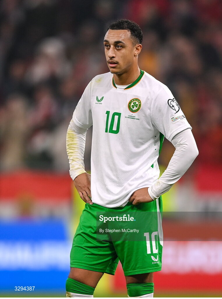 16 November 2025; Adam Idah of Republic of Ireland reacts during the FIFA World Cup 2026 Group F Qualifier match between Hungary and Republic of Ireland at Puskás Aréna in Budapest, Hungary. Photo by Stephen McCarthy/Sportsfile