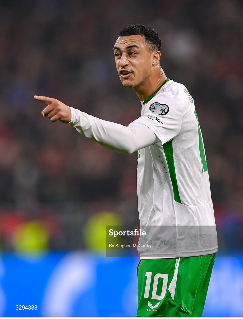16 November 2025; Adam Idah of Republic of Ireland reacts during the FIFA World Cup 2026 Group F Qualifier match between Hungary and Republic of Ireland at Puskás Aréna in Budapest, Hungary. Photo by Stephen McCarthy/Sportsfile