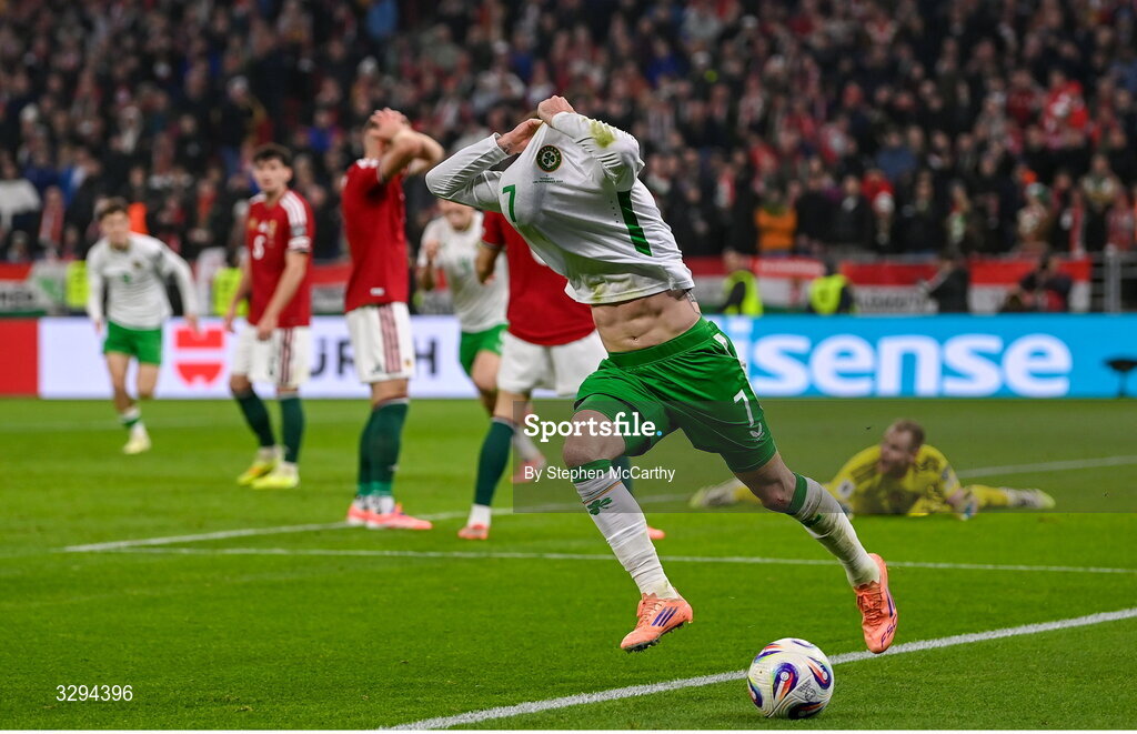 16 November 2025; Troy Parrott of Republic of Ireland celebrates after scoring his side's third goal during the FIFA World Cup 2026 Group F Qualifier match between Hungary and Republic of Ireland at Puskás Aréna in Budapest, Hungary. Photo by Stephen McCarthy/Sportsfile