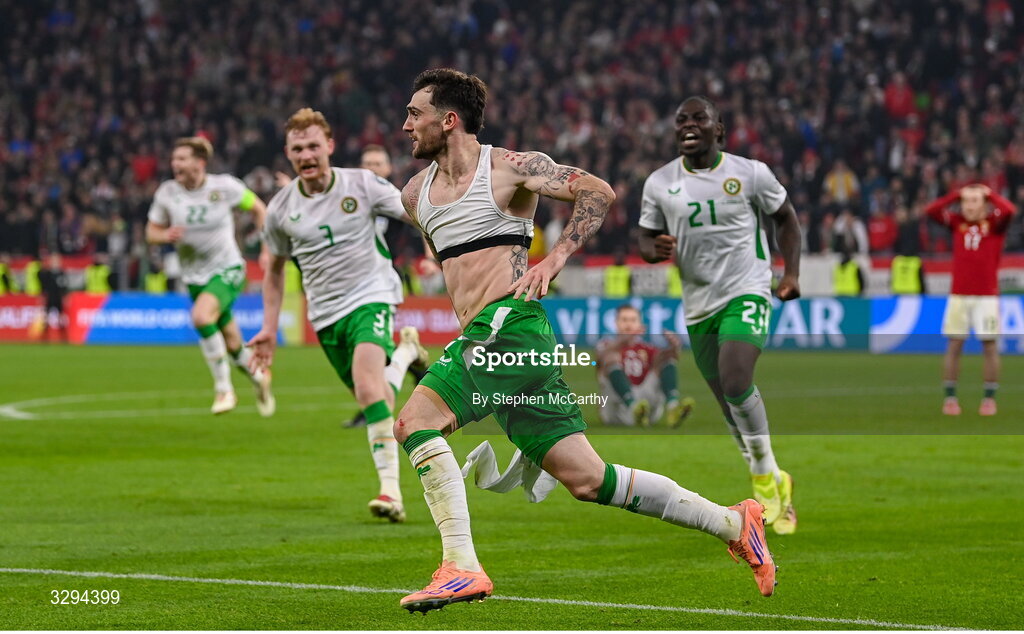 16 November 2025; Troy Parrott of Republic of Ireland celebrates after scoring his side's third goal during the FIFA World Cup 2026 Group F Qualifier match between Hungary and Republic of Ireland at Puskás Aréna in Budapest, Hungary. Photo by Stephen McCarthy/Sportsfile
