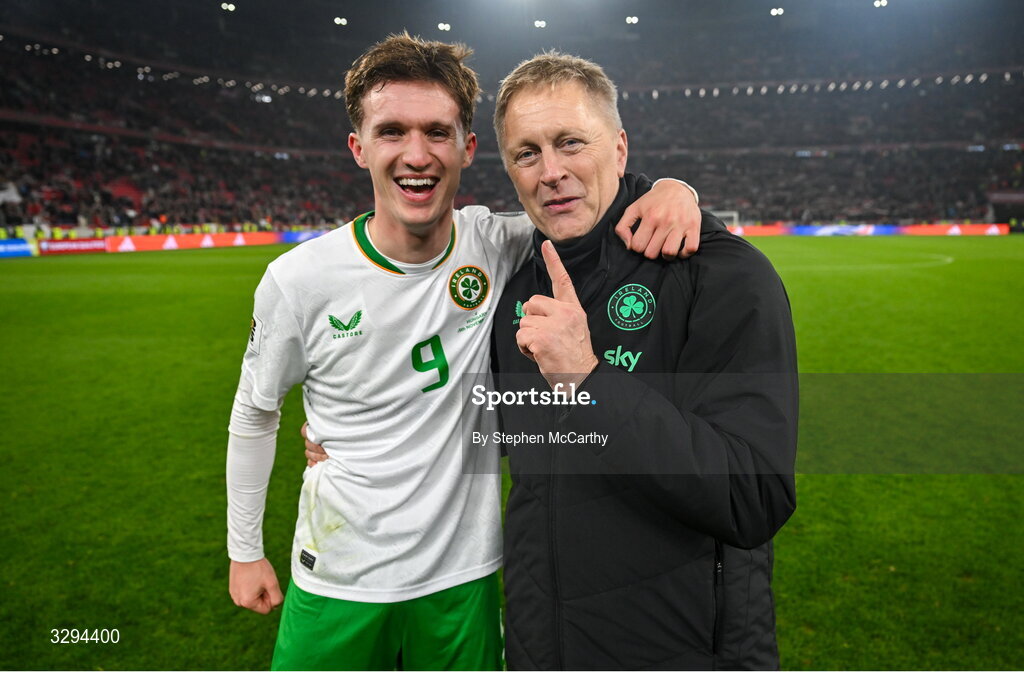 16 November 2025; Republic of Ireland head coach Heimir Hallgrimsson and Johnny Kenny of Republic of Ireland celebrate after the FIFA World Cup 2026 Group F Qualifier match between Hungary and Republic of Ireland at Puskás Aréna in Budapest, Hungary. Photo by Stephen McCarthy/Sportsfile