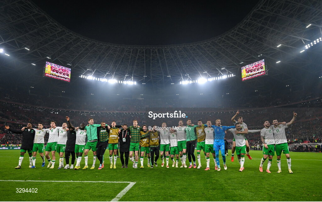 16 November 2025; The Republic of Ireland team celebrate their victory in the FIFA World Cup 2026 Group F Qualifier match between Hungary and Republic of Ireland at Puskás Aréna in Budapest, Hungary. Photo by Stephen McCarthy/Sportsfile