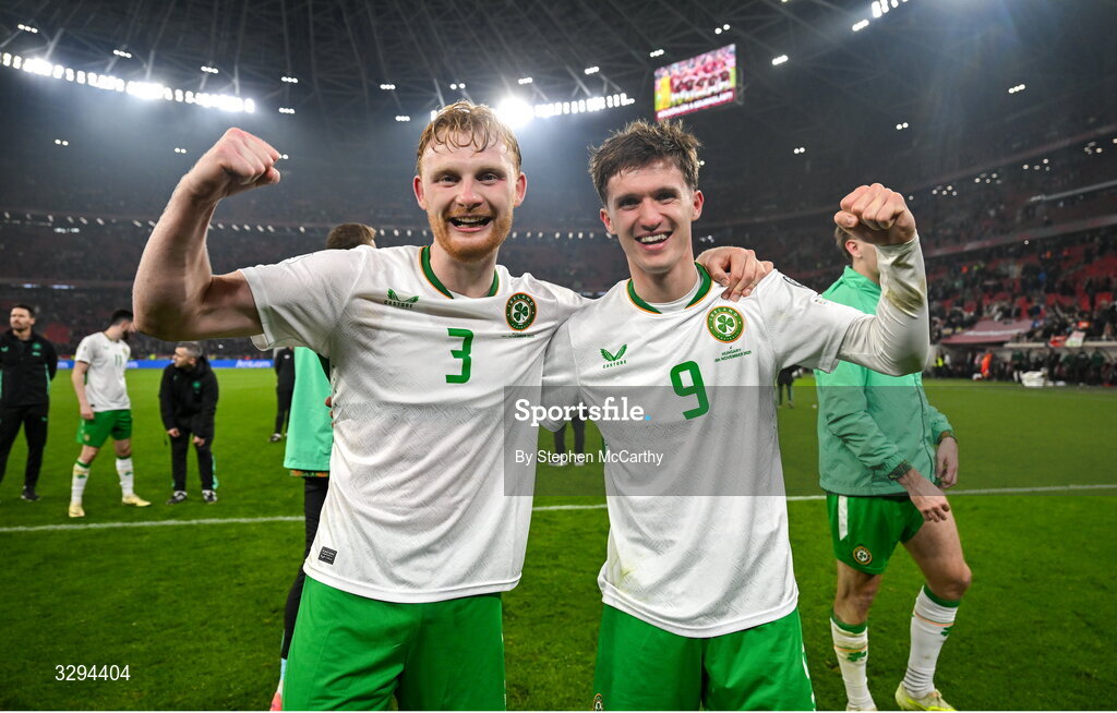 16 November 2025; Liam Scales, left, and Johnny Kenny of Republic of Ireland celebrate after the FIFA World Cup 2026 Group F Qualifier match between Hungary and Republic of Ireland at Puskás Aréna in Budapest, Hungary. Photo by Stephen McCarthy/Sportsfile