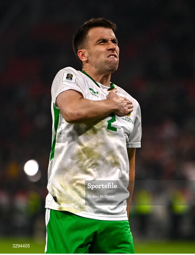 16 November 2025; Seamus Coleman of Republic of Ireland celebrates after the FIFA World Cup 2026 Group F Qualifier match between Hungary and Republic of Ireland at Puskás Aréna in Budapest, Hungary. Photo by Ben McShane/Sportsfile