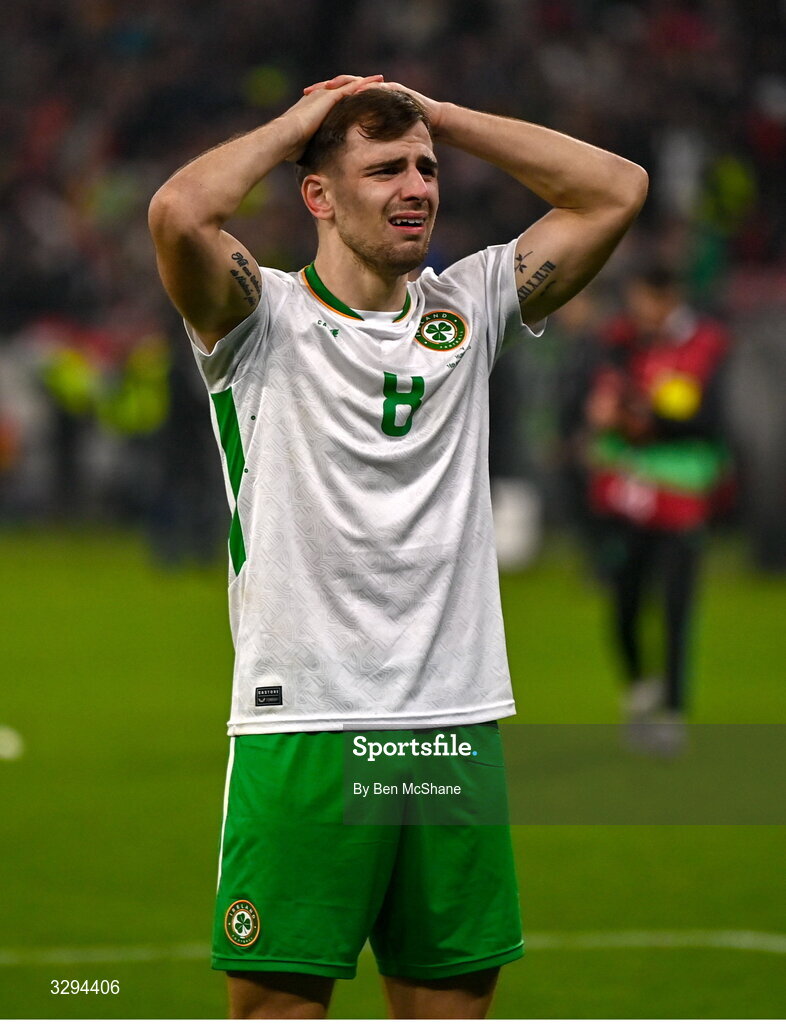 16 November 2025; Jayson Molumby of Republic of Ireland reacts after the FIFA World Cup 2026 Group F Qualifier match between Hungary and Republic of Ireland at Puskás Aréna in Budapest, Hungary. Photo by Ben McShane/Sportsfile