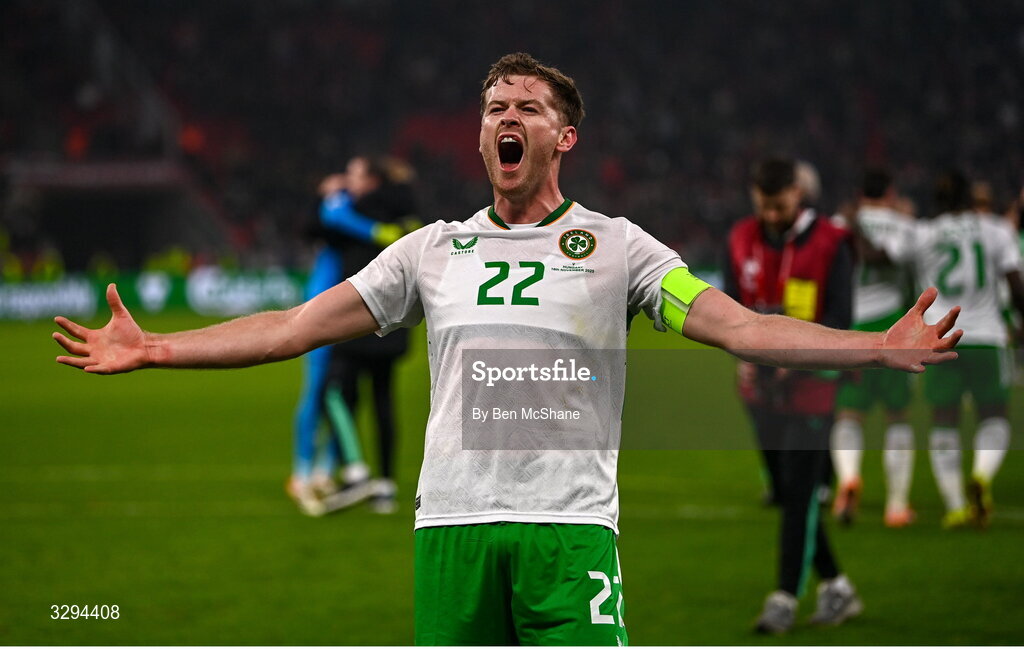 16 November 2025; Nathan Collins of Republic of Ireland celebrates after the FIFA World Cup 2026 Group F Qualifier match between Hungary and Republic of Ireland at Puskás Aréna in Budapest, Hungary. Photo by Ben McShane/Sportsfile