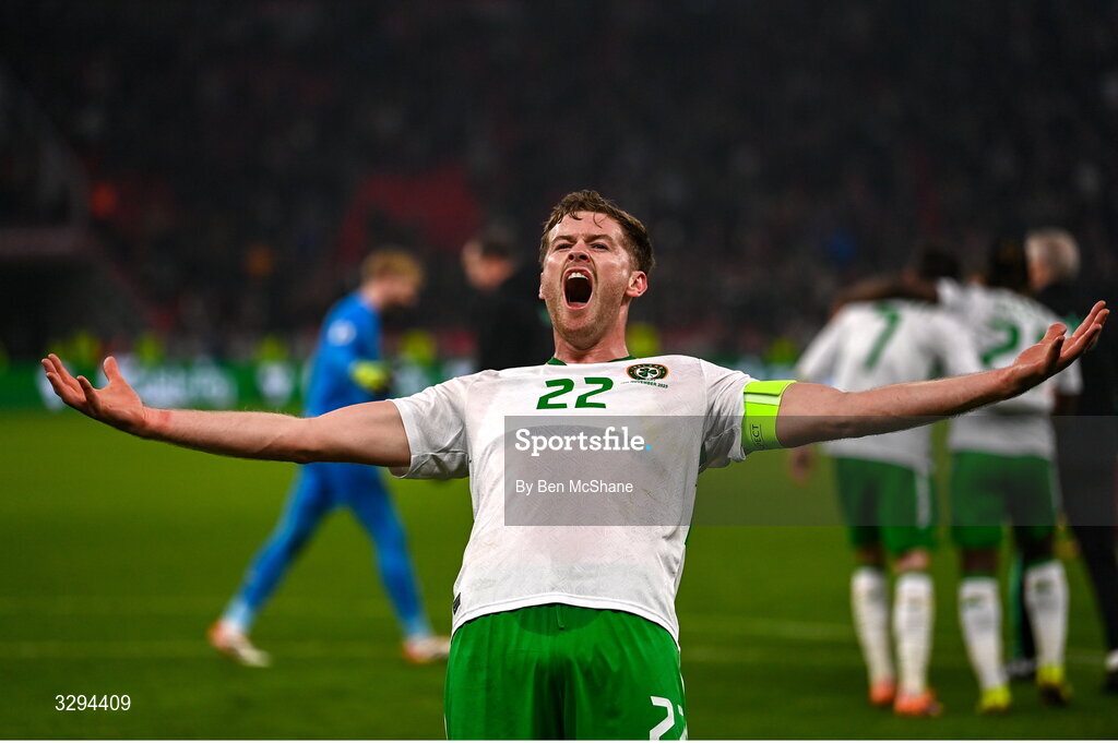 16 November 2025; Nathan Collins of Republic of Ireland celebrates after the FIFA World Cup 2026 Group F Qualifier match between Hungary and Republic of Ireland at Puskás Aréna in Budapest, Hungary. Photo by Ben McShane/Sportsfile