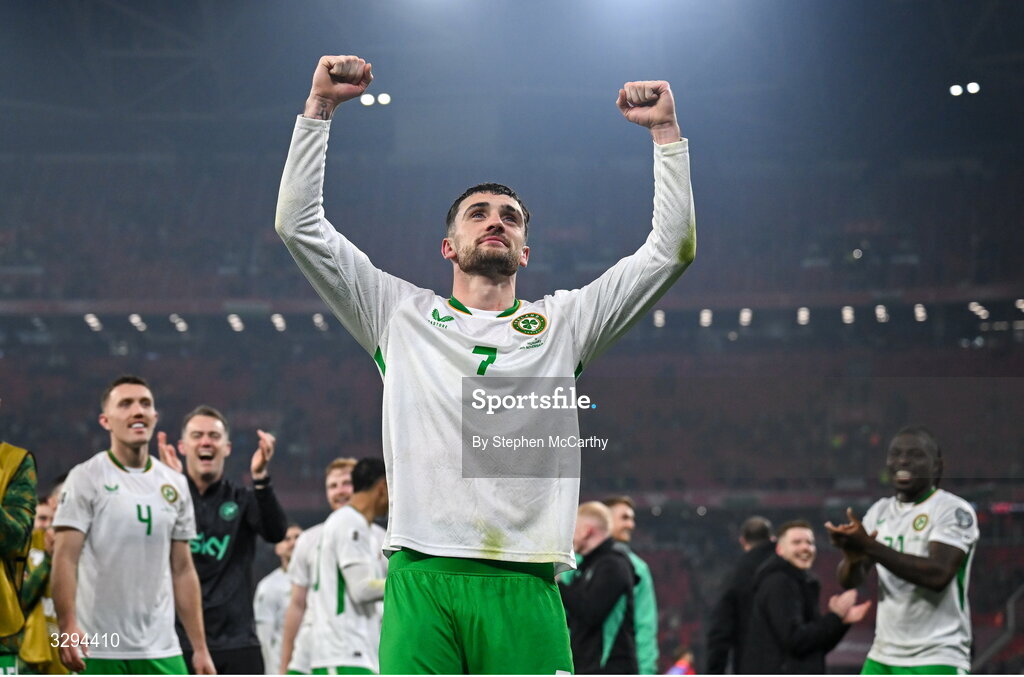16 November 2025; Troy Parrott of Republic of Ireland celebrates after the FIFA World Cup 2026 Group F Qualifier match between Hungary and Republic of Ireland at Puskás Aréna in Budapest, Hungary. Photo by Stephen McCarthy/Sportsfile