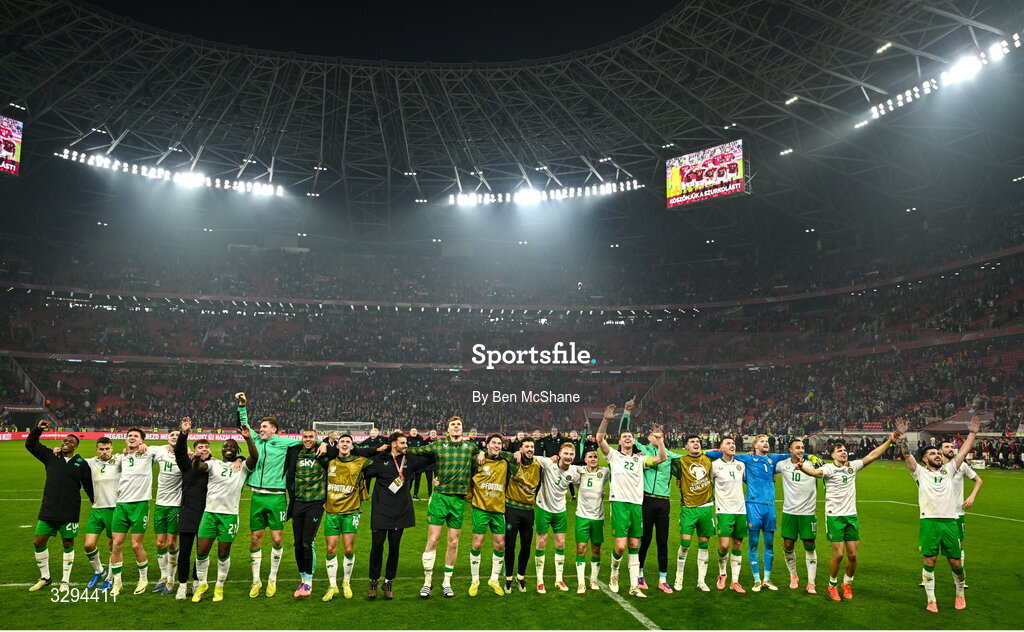 16 November 2025; The Republic of Ireland team celebrate after the FIFA World Cup 2026 Group F Qualifier match between Hungary and Republic of Ireland at Puskás Aréna in Budapest, Hungary. Photo by Ben McShane/Sportsfile