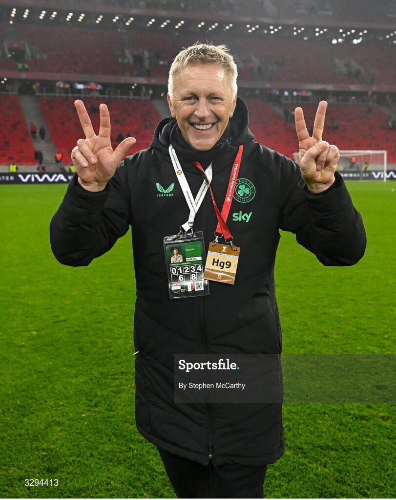 16 November 2025; Republic of Ireland head coach Heimir Hallgrimsson celebrates after the FIFA World Cup 2026 Group F Qualifier match between Hungary and Republic of Ireland at Puskás Aréna in Budapest, Hungary. Photo by Stephen McCarthy/Sportsfile