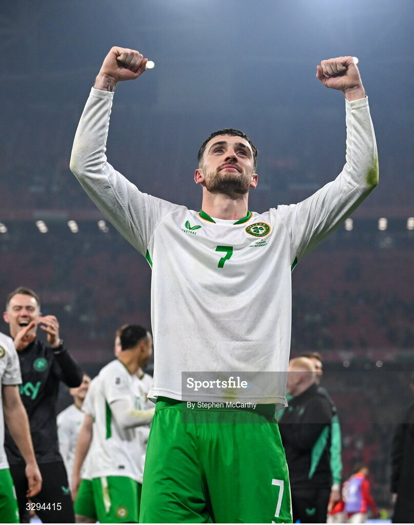 16 November 2025; Troy Parrott of Republic of Ireland celebrates after the FIFA World Cup 2026 Group F Qualifier match between Hungary and Republic of Ireland at Puskás Aréna in Budapest, Hungary. Photo by Stephen McCarthy/Sportsfile