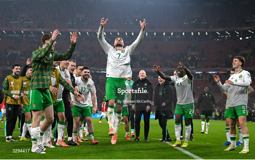 16 November 2025; Troy Parrott of Republic of Ireland celebrates after the FIFA World Cup 2026 Group F Qualifier match between Hungary and Republic of Ireland at Puskás Aréna in Budapest, Hungary. Photo by Stephen McCarthy/Sportsfile