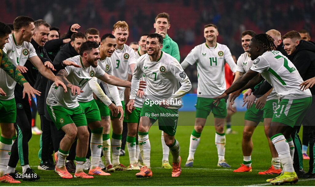 16 November 2025; Troy Parrott of Republic of Ireland celebrates with teammates after the FIFA World Cup 2026 Group F Qualifier match between Hungary and Republic of Ireland at Puskás Aréna in Budapest, Hungary. Photo by Ben McShane/Sportsfile