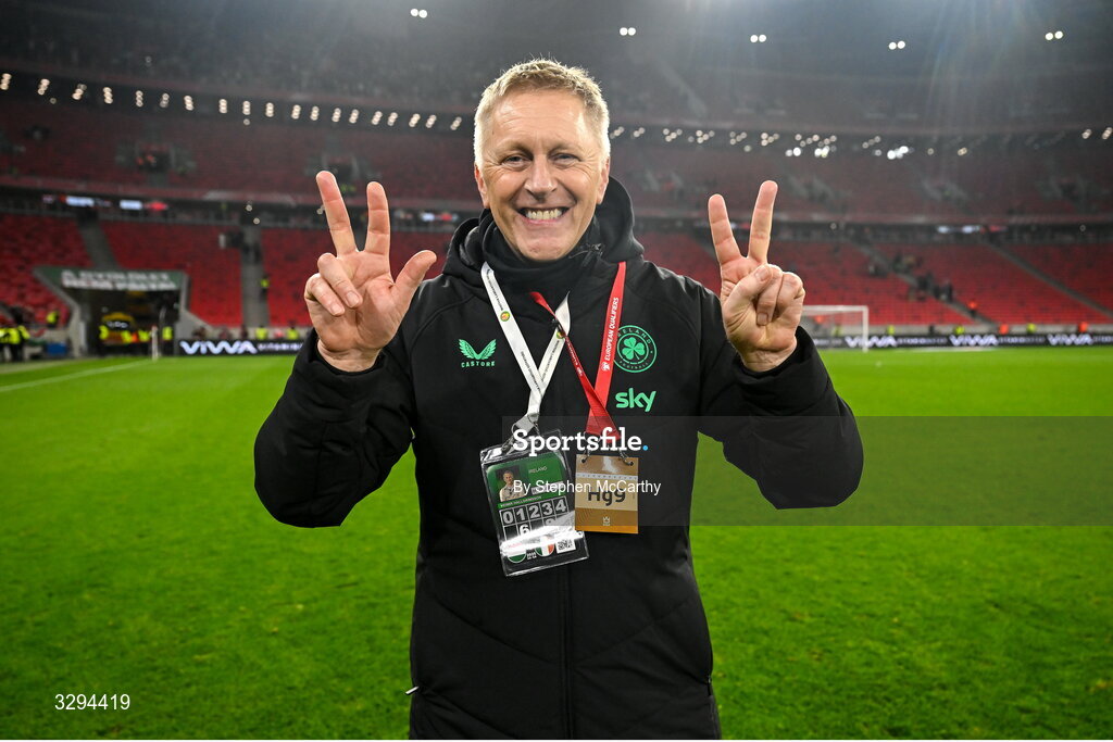 16 November 2025; Republic of Ireland head coach Heimir Hallgrimsson celebrates after the FIFA World Cup 2026 Group F Qualifier match between Hungary and Republic of Ireland at Puskás Aréna in Budapest, Hungary. Photo by Stephen McCarthy/Sportsfile