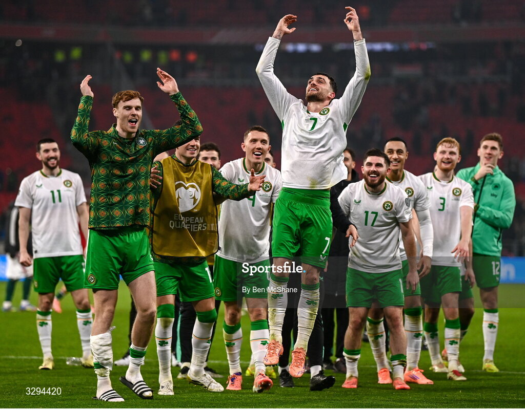 16 November 2025; Troy Parrott of Republic of Ireland celebrates with teammates after the FIFA World Cup 2026 Group F Qualifier match between Hungary and Republic of Ireland at Puskás Aréna in Budapest, Hungary. Photo by Ben McShane/Sportsfile