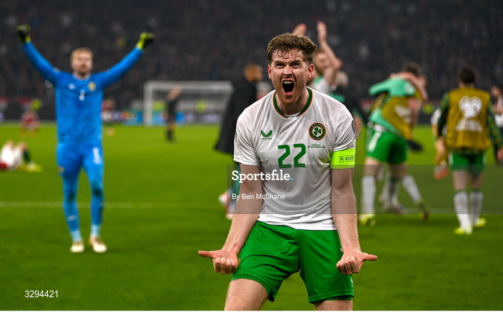 16 November 2025; Nathan Collins of Republic of Ireland celebrates after the FIFA World Cup 2026 Group F Qualifier match between Hungary and Republic of Ireland at Puskás Aréna in Budapest, Hungary. Photo by Ben McShane/Sportsfile