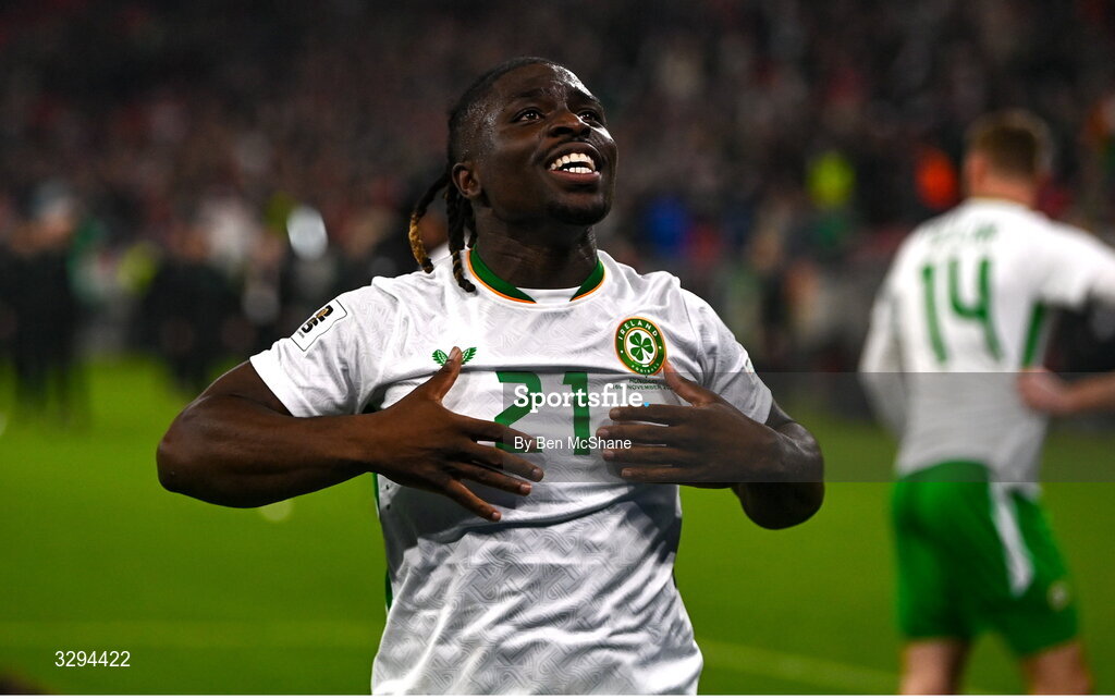 16 November 2025; Festy Ebosele of Republic of Ireland celebrates after the FIFA World Cup 2026 Group F Qualifier match between Hungary and Republic of Ireland at Puskás Aréna in Budapest, Hungary. Photo by Ben McShane/Sportsfile