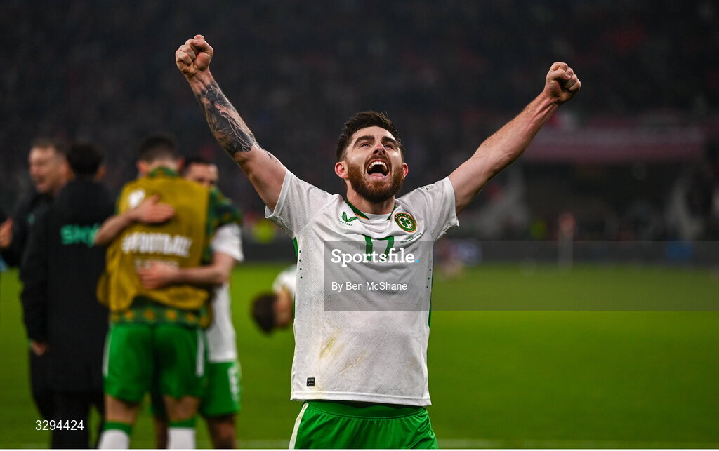 16 November 2025; Ryan Manning of Republic of Ireland celebrates after the FIFA World Cup 2026 Group F Qualifier match between Hungary and Republic of Ireland at Puskás Aréna in Budapest, Hungary. Photo by Ben McShane/Sportsfile