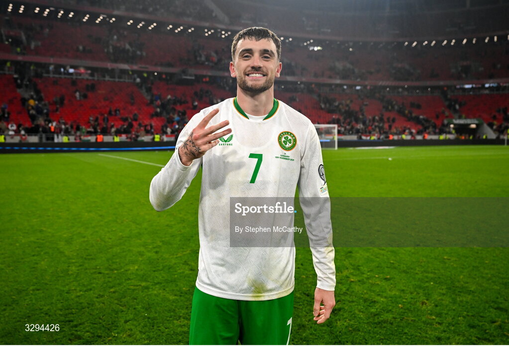 16 November 2025; Troy Parrott of Republic of Ireland celebrates after scoring a hat-trick in the FIFA World Cup 2026 Group F Qualifier match between Hungary and Republic of Ireland at Puskás Aréna in Budapest, Hungary. Photo by Stephen McCarthy/Sportsfile