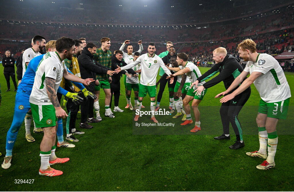 16 November 2025; Troy Parrott of Republic of Ireland celebrates with teammates after the FIFA World Cup 2026 Group F Qualifier match between Hungary and Republic of Ireland at Puskás Aréna in Budapest, Hungary. Photo by Stephen McCarthy/Sportsfile