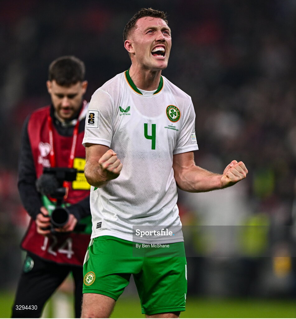 16 November 2025; Dara O'Shea of Republic of Ireland celebrates after the FIFA World Cup 2026 Group F Qualifier match between Hungary and Republic of Ireland at Puskás Aréna in Budapest, Hungary. Photo by Ben McShane/Sportsfile