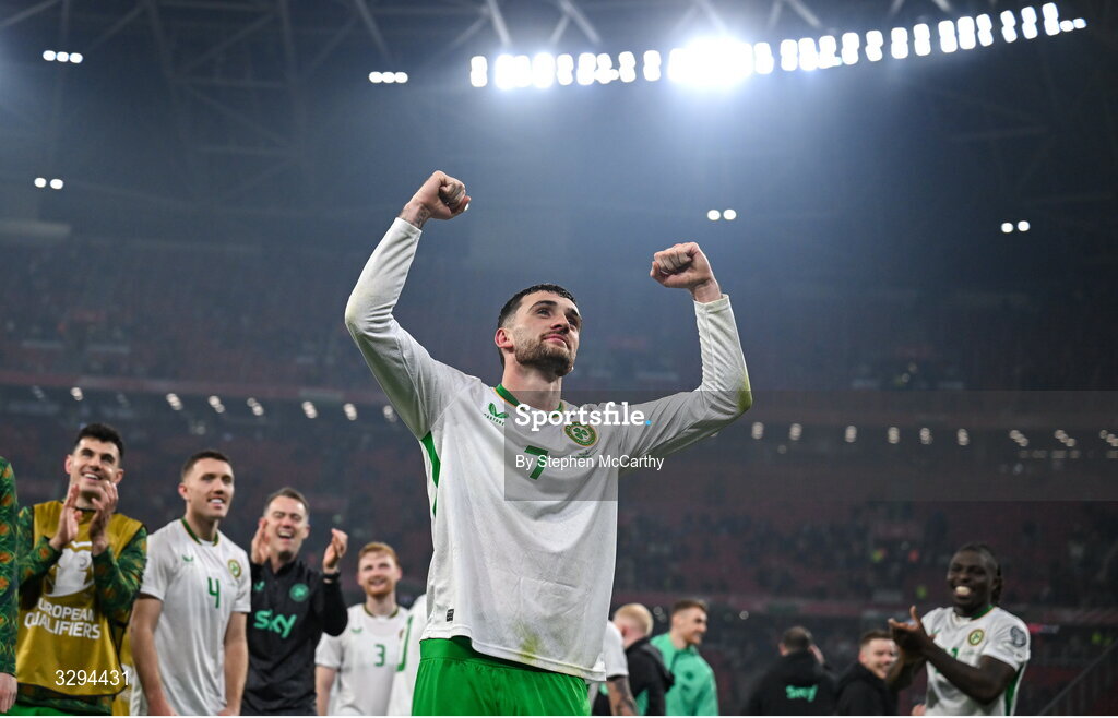 16 November 2025; Troy Parrott of Republic of Ireland celebrates after the FIFA World Cup 2026 Group F Qualifier match between Hungary and Republic of Ireland at Puskás Aréna in Budapest, Hungary. Photo by Stephen McCarthy/Sportsfile