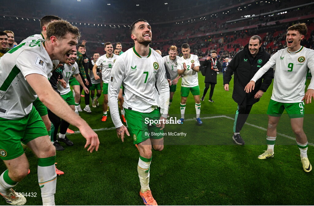 16 November 2025; Troy Parrott of Republic of Ireland celebrates with teammates after the FIFA World Cup 2026 Group F Qualifier match between Hungary and Republic of Ireland at Puskás Aréna in Budapest, Hungary. Photo by Stephen McCarthy/Sportsfile