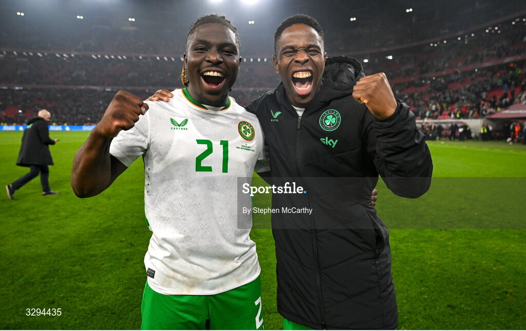 16 November 2025; Festy Ebosele, left, and Chiedozie Ogbene of Republic of Ireland celebrate after the FIFA World Cup 2026 Group F Qualifier match between Hungary and Republic of Ireland at Puskás Aréna in Budapest, Hungary. Photo by Stephen McCarthy/Sportsfile
